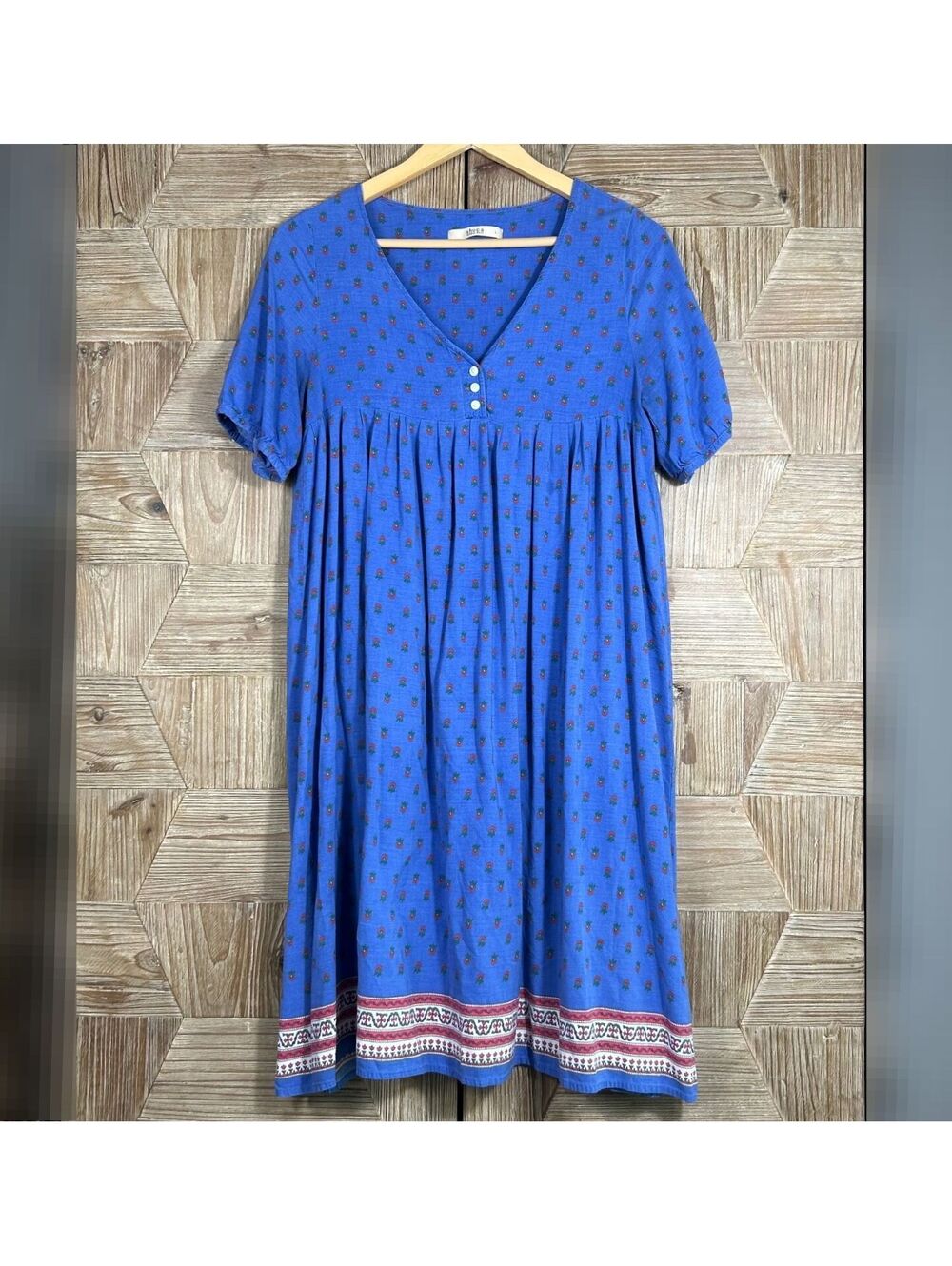 Shuca Blue Cottagecore Floral V-Neck Smocked Dress Short Sleeve Midi Size L